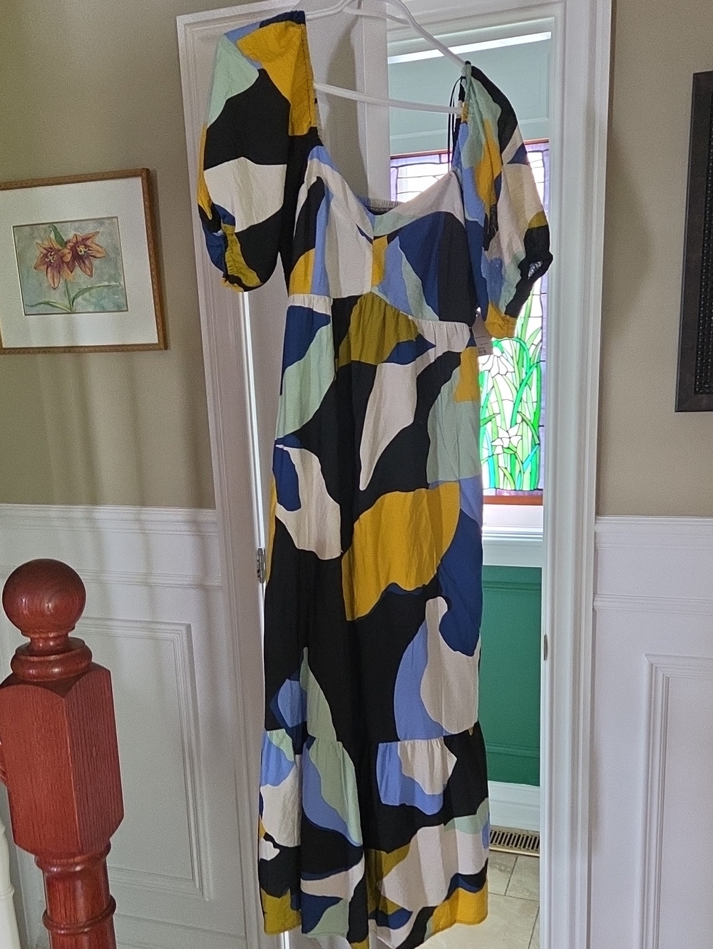 Abstract Print Puff-Sleeve Maxi Dress - Black/Mustard/Blue